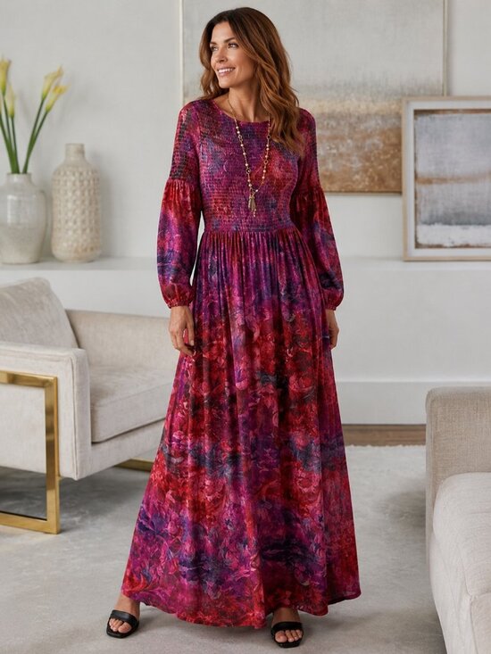 Soft Surroundings Dresses & Skirts - Soft Surrounding Beunissima Colorful Floral Smocked Long Sleeves Maxi Dress M